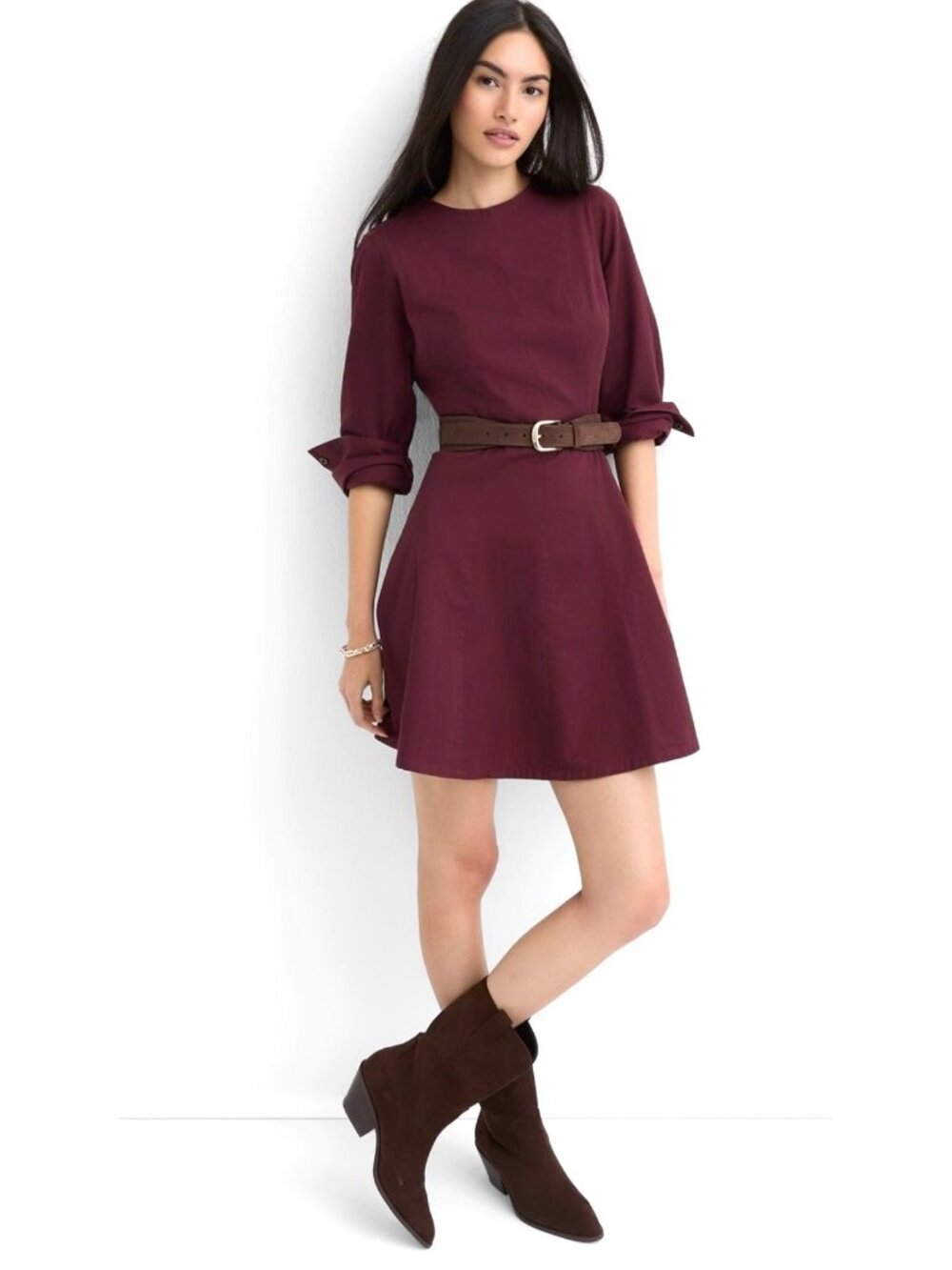 LOFT Petite Burgundy Seamed Barrel Sleeve Mini Dress 14P
